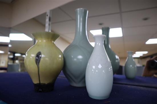 An Oriental celadon bottle vase, a smaller bottle vase and an Art glass vase, tallest 26.5cm